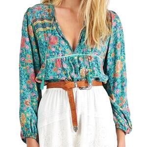 Spell & The Gypsy Folk Town Blouse Turquoise XS Double Neck Tie Tassels Viscose